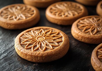 Poster - Deliciously Baked Cookies with Intricate Designs Displayed on Dark Stone Surface : Generative AI