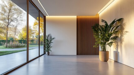 Poster - Bright and airy room featuring a green plant adding a touch of nature to a minimalist interior design aesthetic