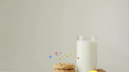 Poster - Floating animated social media icons near cookies and glass of milk on table