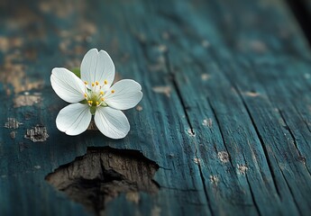 Poster - Delicate White Flower on Rustic Background with Weathered Wood : Generative AI