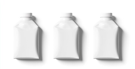 Poster - Trio of sleek white plastic bottles standing elegantly on a bright surface perfect for skincare or beverages : Generative AI