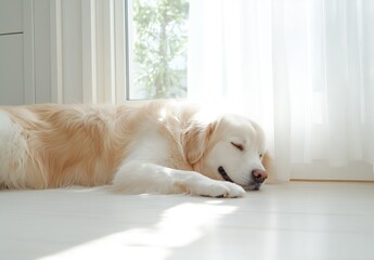 Poster - Serene Golden Retriever Sleeping Peacefully on a Sunny Floor with Natural Light and Soft Shadows : Generative AI