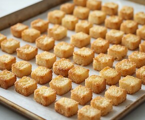 Aufkleber - Golden Crispy Bread Cubes Perfectly Toasted on a Baking Sheet : Generative AI