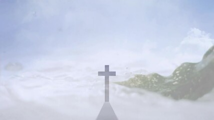 Poster - Flowing water and hills casting shadow over misty landscape with animation