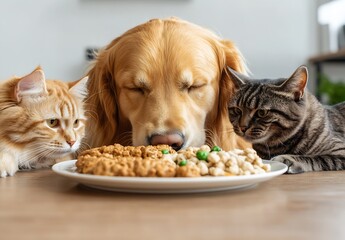 Poster - Golden Retriever and Two Cats Gathered Around Delicious Food Platter at Home : Generative AI