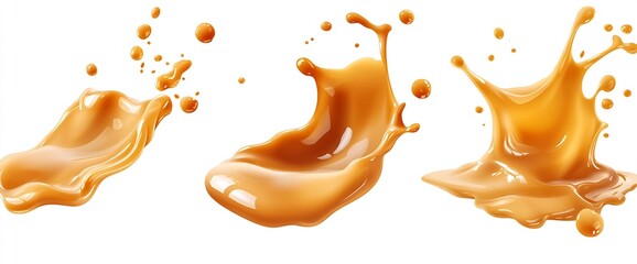 Poster - Smooth Caramel Drop and Splash Art in Three Unique Expressions for Design : Generative AI