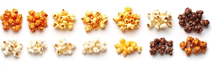 Poster - Colorful Popcorn Delights Spread Across Clean White Backdrop for Snack Enthusiasts : Generative AI