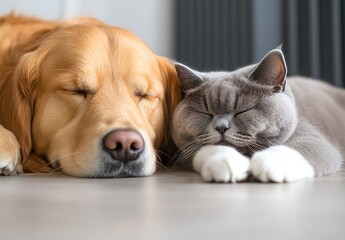 Poster - Adorable Golden Retriever and Grey Cat Sleeping Together in Cozy Home Environment : Generative AI