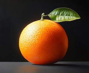 Aufkleber - Ripe Orange with Leaf on Dark Surface Highlighting its Smooth Texture and Color : Generative AI