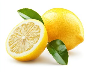Poster - Fresh and Juicy Lemon Half with Green Leaves on White Background for Culinary or Health Themes : Generative AI