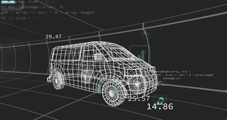 Poster - Wireframe van with data and graphs in futuristic animation interface