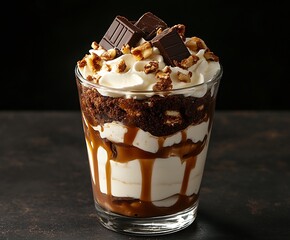 Poster - Indulgent dessert parfait layered with chocolate cake whipped cream and crunchy topping : Generative AI