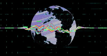 Poster - Globe with colorful data lines and binary code animation over continents