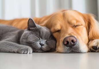 Poster - Adorable Golden Retriever and Gray Cat Snuggling Together in a Cozy Home Environment : Generative AI