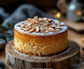 Poster - Delicious Almond Cake Garnished with Almond Slices and Icing Sugar on a Wooden Board : Generative AI