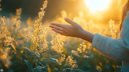 Poster - Close Up Hand Reaching Towards Golden Sunlit Field of Flowers in Nature : Generative AI