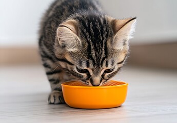 Poster - Adorable kitten enjoying a meal from a bright orange bowl in a cozy indoor setting : Generative AI