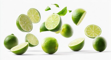 Aufkleber - Juicy Cut Green Limes and Halves Floating with Leaves on Bright Background : Generative AI