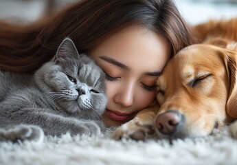 Poster - Woman Sleeping Peacefully With Gray Cat and Golden Retriever Dog on Cozy Carpet : Generative AI