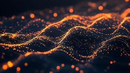 Poster - Abstract Waves of Orange Particles Representing Digital Connection and Flowing Energy : Generative AI