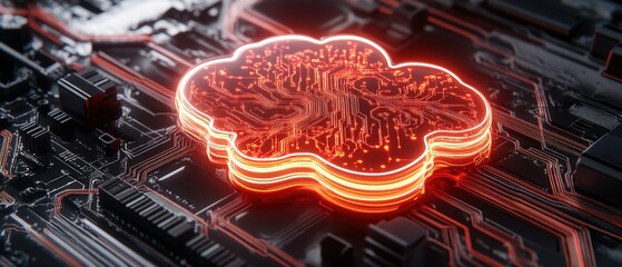 Poster - Computer circuit board featuring a glowing red cloud element symbolizing advanced technology and digital innovation