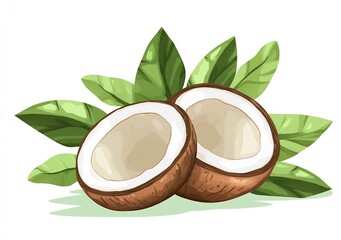 Poster - Fresh Coconut Halves with Green Leaves in Bright Illustration for Tropical Vibes : Generative AI