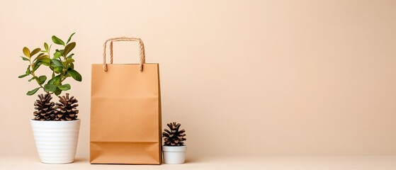 Poster - Fresh green plant nestled inside a simple brown paper bag, representing eco-friendliness and natural beauty