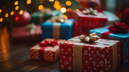 Poster - Festive Colorful Christmas Gift Boxes Under Twinkling Lights Creating a Joyful Holiday Atmosphere : Generative AI