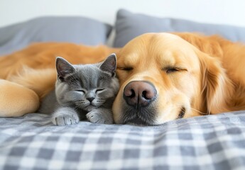 Poster - Adorable Cat and Dog Snuggling Together While Sleeping on Cozy Bed : Generative AI