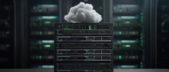 Poster - Cloud symbol above a server rack representing cloud computing technology and data storage solutions in modern it
