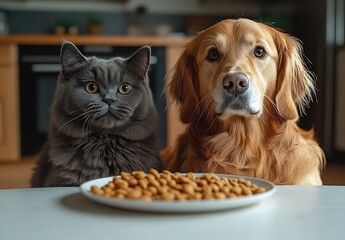 Poster - Adorable Cat and Dog Together Enjoying Snacks in a Cozy Kitchen with Natural Light : Generative AI