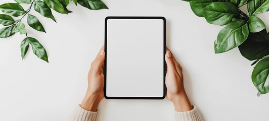 Aufkleber - Hands Grasping a Blank Tablet Surrounded by Greenery for Creative Display and Digital Content : Generative AI