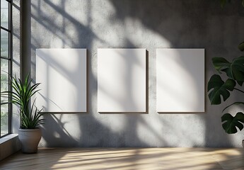 Fototapete - Empty Frames on Wall with Natural Light for Art Display in Modern Space : Generative AI