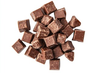 Poster - Rich and smooth dark chocolate cubes scattered on a white background : Generative AI