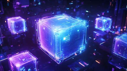 Aufkleber - Futuristic Neon Cubes in a High-Tech Environment Showcasing Modern Digital Aesthetics : Generative AI