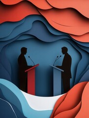 Poster - Engaging political debate artwork features layered silhouettes with dynamic abstract shapes and a dramatic color palette Generative AI
