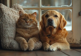 Poster - Elegant Ginger Cat and Golden Retriever Sitting Together by Window : Generative AI