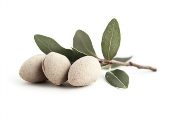 Poster - Natural Earthy Almonds with Fresh Green Leaves on Soft Background : Generative AI