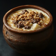 Poster - Creamy Dessert Bowl with Fruits and Crushed Cookies on Dark Background : Generative AI