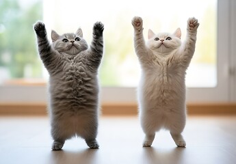 Poster - Cute cats standing upright in playful pose showcasing their fluffy fur and adorable expressions : Generative AI