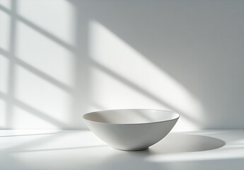 Poster - Minimalist White Bowl on Soft Surface with Patterned Shadow for Modern Design Aesthetics : Generative AI