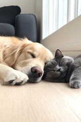 Poster - Charming Golden Retriever and Gray Cat Nestling Together in a Serene Living Room : Generative AI