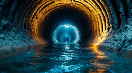 Poster - Underground pipe relining process. Liner curing with bright resin texture. Expert plumbing maintenance. Realistic depth lighting shows underground infrastructure repair. Innovative waterproofing , 32k