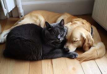 Poster - Charming Cat and Golden Retriever Sleeping Together on Wooden Floor : Generative AI