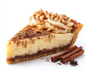 Poster - Delicious slice of creamy custard pie topped with whipped cream and a dusting of cocoa and cinnamon : Generative AI