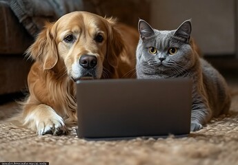 Poster - Golden Retriever and Gray Cat Watching Laptop Together at Home in Cozy Setting : Generative AI