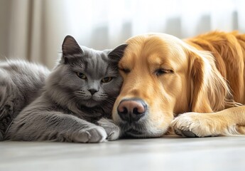 Poster - Adorable Cat and Dog Snuggling Together on Soft Floor in Natural Light : Generative AI