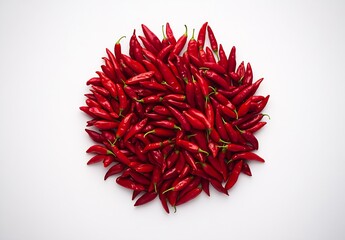 Poster - Vibrant Red Chili Peppers Piled Together in a Decorative Arrangement on White Background : Generative AI