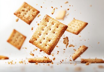 Aufkleber - Floating Cracker Squares in Air with Crumbs on White Background : Generative AI