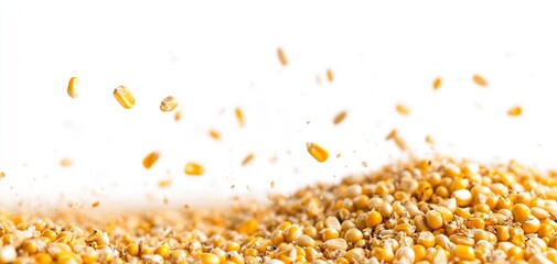 Poster - Fresh Yellow Corn Kernels Falling from Pile in Bright Natural Light for Food Photography : Generative AI